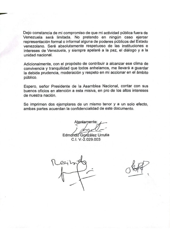 acta firmada por Edmundo González donde valida a Nicolas Maduro Moros como presidente de Venezuela